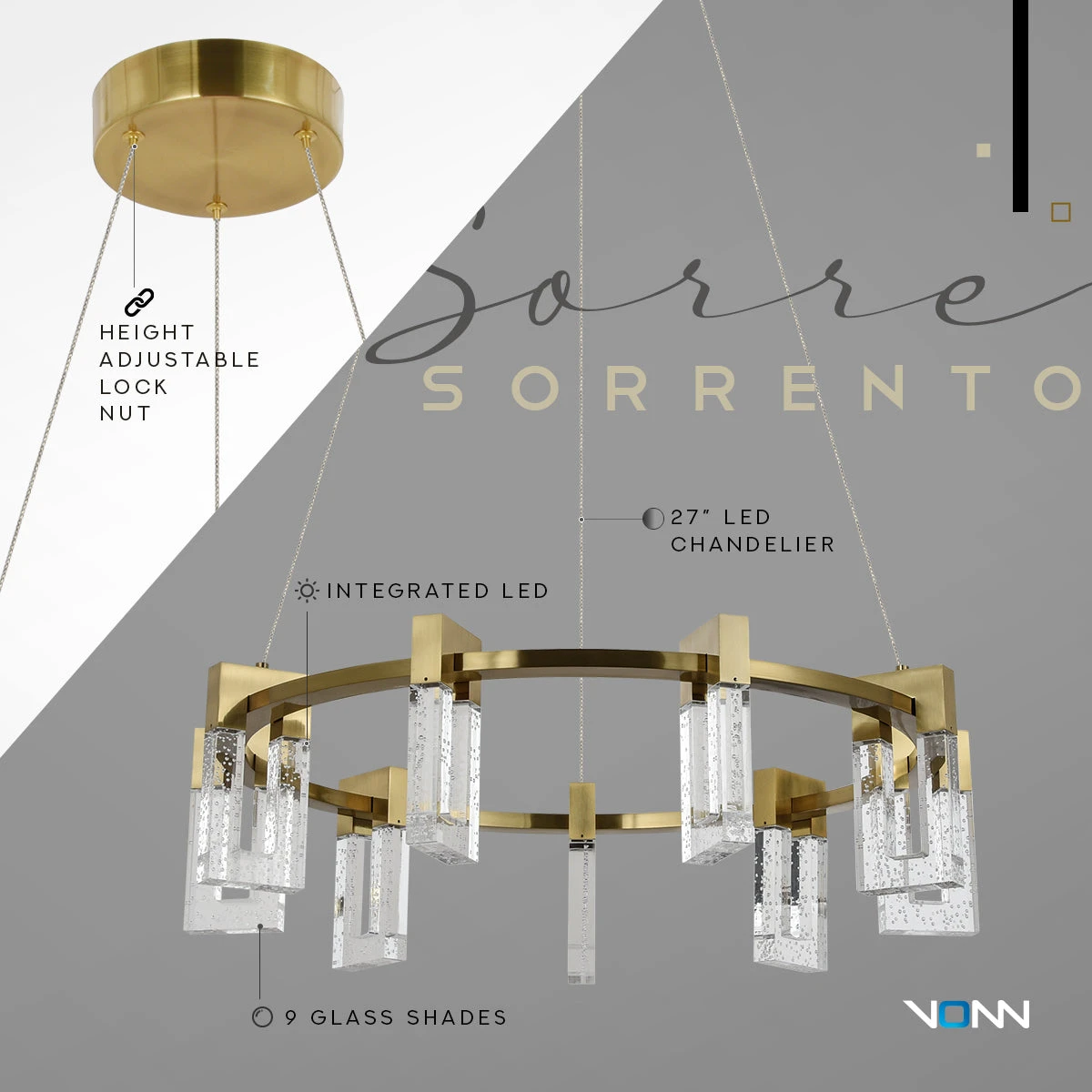 VONN LIGHTING VONN Artisan Sorrento VAC3139AB 27" Integrated LED ETL Certified Pendant, Height Adjustable Ring Chandelier, Antique Brass 11 VONN LIGHTING VONN Artisan Sorrento VAC3139AB 27" Integrated LED ETL Certified Pendant, Height Adjustable Ring Chandelier, Antique Brass - Image 9