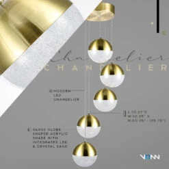 VONN LIGHTING VONN Artisan Ravello VAC3285BRS 5-Light Integrated LED ETL Certified Pendant Height Adjustable Chandelier, Brass -VONN LIGHTING VAC3285BRS Infograph