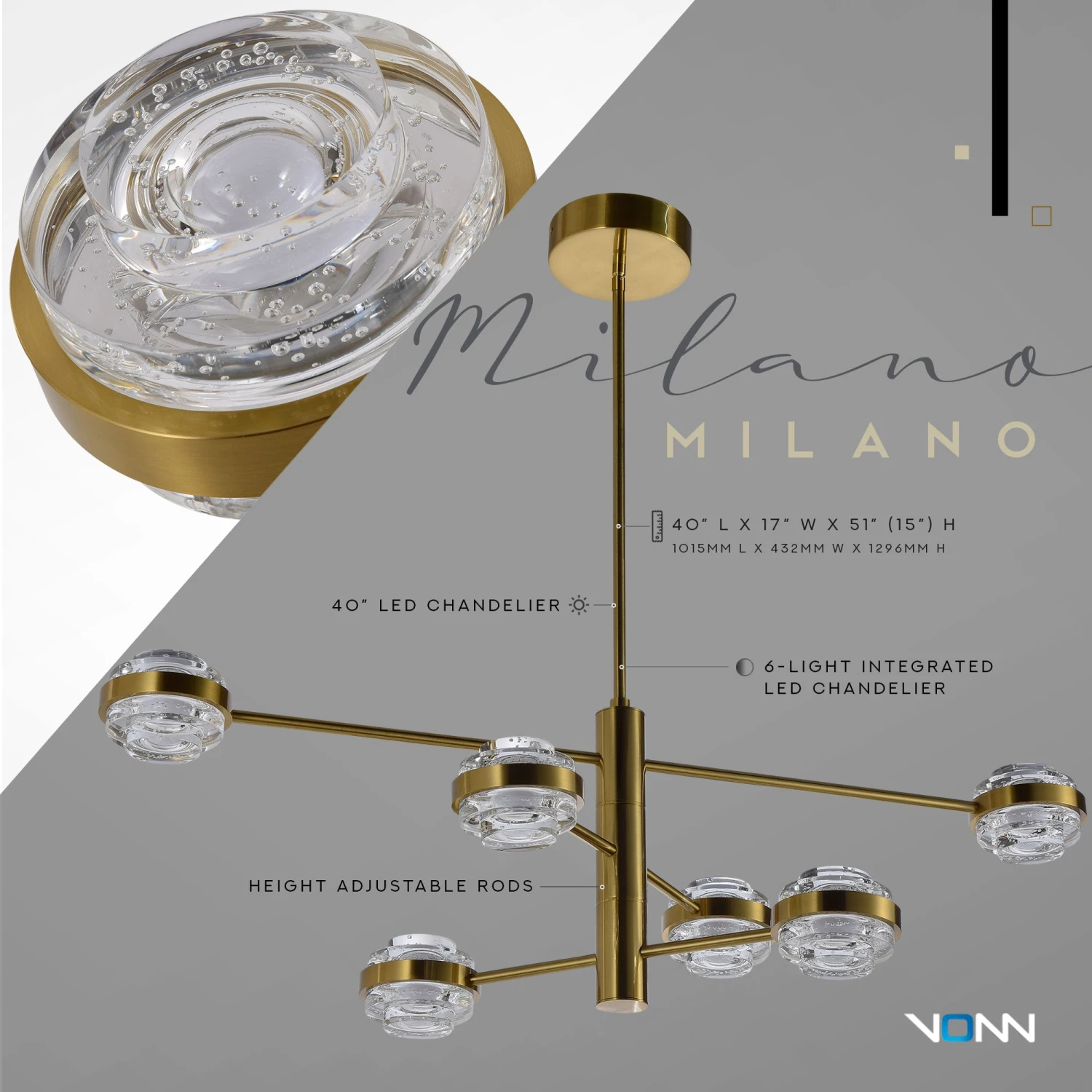 VONN LIGHTING VONN Artisan Milano VAC333RD6AB 40" Integrated LED ETL Certified Chandelier With Height Adjustable Rods, Antique Brass 7 VONN LIGHTING VONN Artisan Milano VAC333RD6AB 40" Integrated LED ETL Certified Chandelier With Height Adjustable Rods, Antique Brass - Image 5