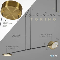 VONN LIGHTING VONN Artisan Torino VAP2192AB 39" Integrated LED ETL Certified Height Adjustable Pendant, Rotating Disks, Antique Brass -VONN LIGHTING VAP2192AB Infograph