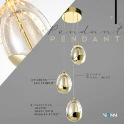 VONN LIGHTING VONN Artisan Venezia VAP2203GL 3-Light Integrated LED ETL Certified Pendant, Height Adjustable Chandelier, Gold -VONN LIGHTING VAP2203GL Infograph