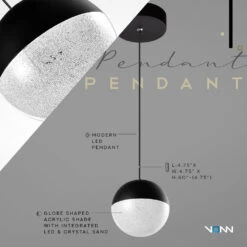 VONN LIGHTING VONN Artisan Ravello VAP2281BL 5" Integrated LED ETL Certified Height Adjustable Pendant W/ Globe Shade, Black -VONN LIGHTING VAP2281BL Infograph