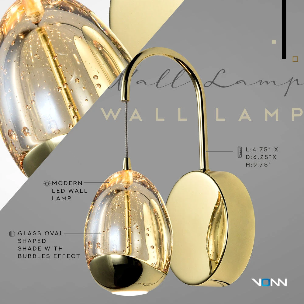 VONN LIGHTING VONN Artisan Venezia VAW1201GL 5" Integrated LED ETL Certified Wall Sconce Light With Glass Shade, Gold 8 VONN LIGHTING VONN Artisan Venezia VAW1201GL 5" Integrated LED ETL Certified Wall Sconce Light With Glass Shade, Gold - Image 6