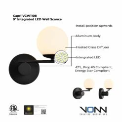 VONN LIGHTING VONN Capri VCW1108BL 9" Integrated LED ETL Certified Wall Sconce Light In Black With 1 Glass Shade -VONN LIGHTING VCW1108BL INFO GRAPH