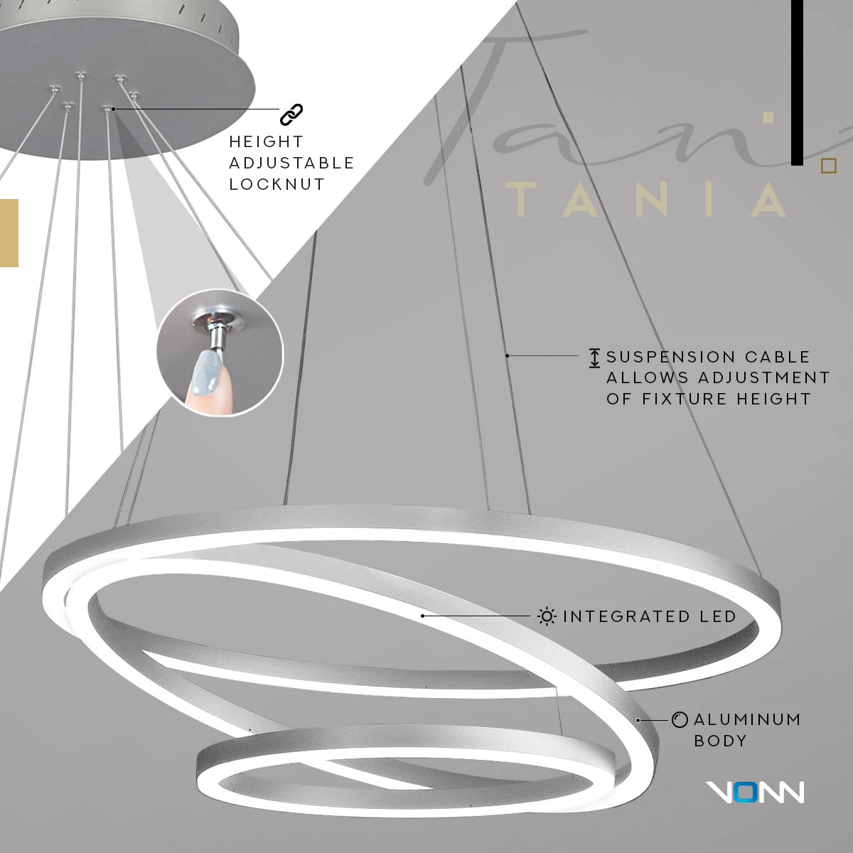 VONN LIGHTING VONN Tania Trio VMC32500AL 32" Integrated LED ETL Certified Ring Chandelier Height Adjustable Silver Pendant 9 VONN LIGHTING VONN Tania Trio VMC32500AL 32" Integrated LED ETL Certified Ring Chandelier Height Adjustable Silver Pendant - Image 7