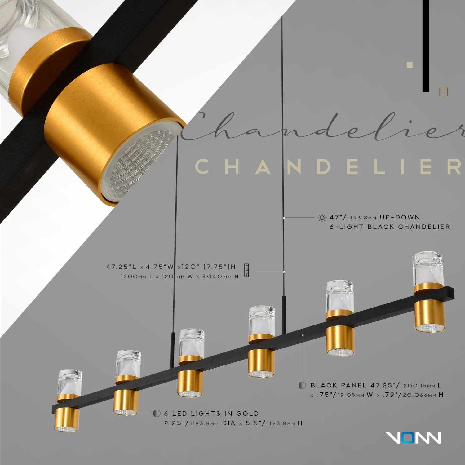 VONN LIGHTING VONN Artisan Ellegi VMC34247BL 47" Integrated LED ETL Certified Pendant, Height Adjustable Chandelier, Black 8 VONN LIGHTING VONN Artisan Ellegi VMC34247BL 47" Integrated LED ETL Certified Pendant, Height Adjustable Chandelier, Black - Image 6