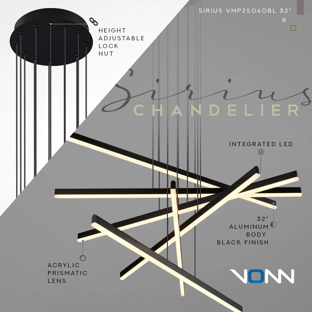 VONN LIGHTING VONN Sirius VMP25060BL 32" Integrated LED ETL Certified Pendant, Height Adjustable Chandelier In Black 12 VONN LIGHTING VONN Sirius VMP25060BL 32" Integrated LED ETL Certified Pendant, Height Adjustable Chandelier In Black - Image 10