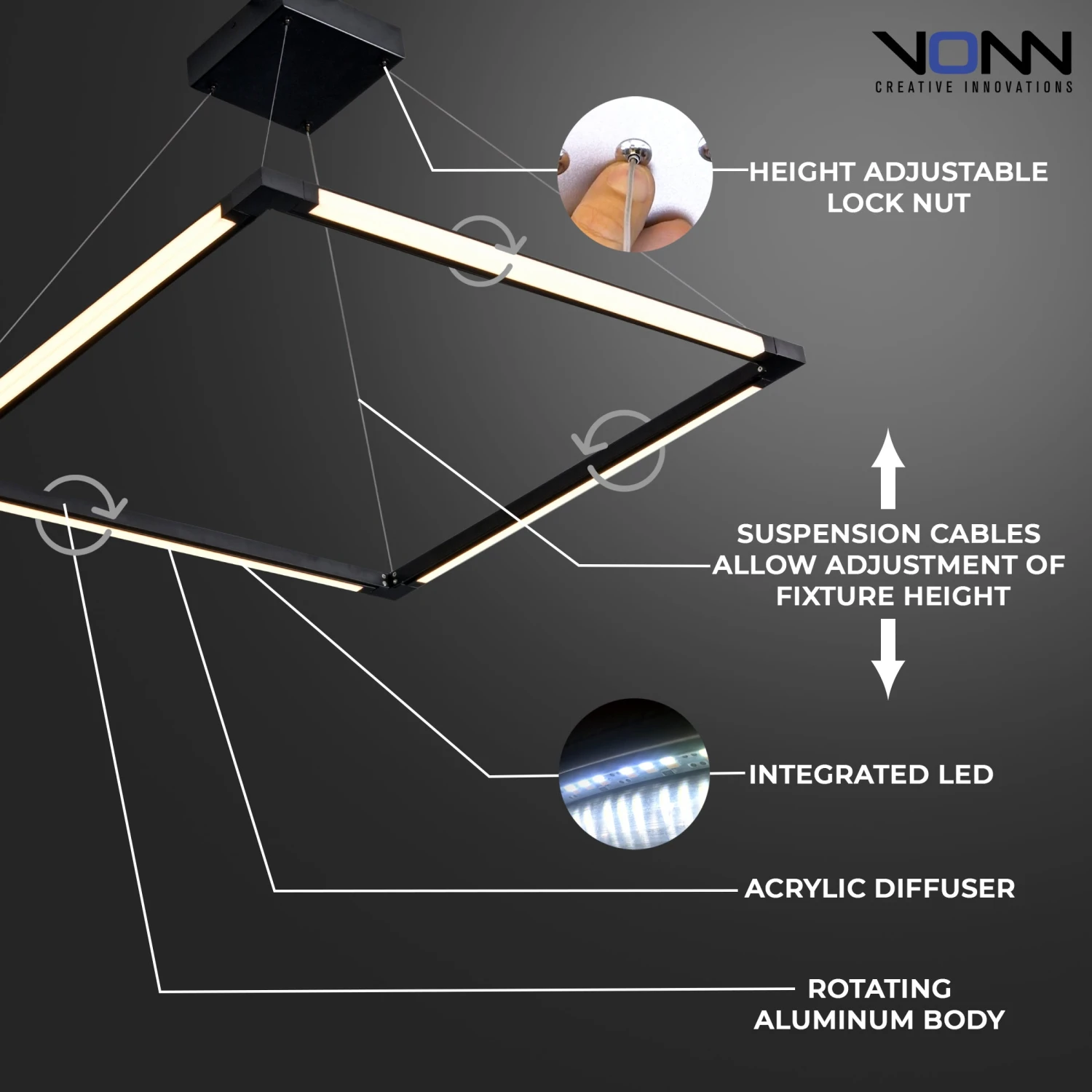 VONN LIGHTING VONN Atria VRC39104BL 24" Integrated LED ETL Certified Height Adjustable Square Chandelier, 180 Rotation Of Axes 13 VONN LIGHTING VONN Atria VRC39104BL 24" Integrated LED ETL Certified Height Adjustable Square Chandelier, 180 Rotation Of Axes - Image 11